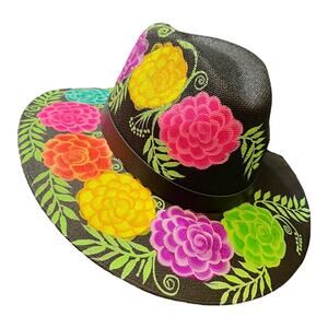 HAT MEXICAN Artisanal Hand Painted Fedora Floral Sombrero Panama Bohemian Black